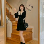 Moteri&scaron;ka suknelė Rudeninė prancūzi&scaron;ka eleganti&scaron;ka temperamento, nėrinių su atvartu, eleganti&scaron;ka juosmens suknelė pūstomis rankovėmis S raudona