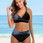 Moteri&scaron;kas maudymosi kostiumėlis su pusiau blizgučiais su petne&scaron;ėlėmis su aukso spalvos ra&scaron;tu Bikini Tankini maudymosi kostiumėlis S mėlyna