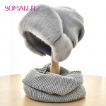 SOMALER Žieminė megzta beanie su viso tikro audinės kailio kra&scaron;teliu Moteri&scaron;ka vilnonė kepurė &scaron;aliko rinkinys &Scaron;iltas megztas snapelis &scaron;viesiai pilka spalva