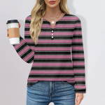 Moteri&scaron;kas mados skeltuku apačioje, kasdienis dryžuotas languotas ra&scaron;tuotas apvalaus kaklo ilgomis rankovėmis vir&scaron;us L violetinė