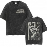 Retro skalbti vintažiniai moteri&scaron;ki medvilniniai skalbti mar&scaron;kinėliai su i&scaron;kirpte trumpomis rankovėmis ARCTIC MONKEYS Spausdinti vir&scaron;ūnės S