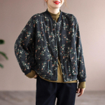 &bdquo;Johnature Women Vintage Stand Loose Print Gėlėta striukė ilgomis rankovėmis pamink&scaron;tinti paltai Žieminiai kinų stiliaus paltai One Size juoda