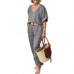 2 vnt./komplektas Palaidinės kelnių rinkinys V kaklo ilgomis rankovėmis Vir&scaron;utinė plačia kojelė laisva elastinga juosmens kelnės OL Į darbą ir atgal laisvalaikio namų apranga S armijos žalia spalva