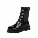 Madingi moteri&scaron;ki ankle boots, lakuotos odos, su aksominiu vidumi, su žvaigždės formos kalnų kri&scaron;tolu, dizainerių batai moterims, su užtrauktuku, su storu padu, vidutinio ilgio, modernūs batai 35