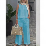 Moteri&scaron;kos vasarinės mados paprastos berankovės palaidinės, laisvos, plačios kelnės, medvilniniai lininiai komplektai, kostiumai ir komplektai moterims 3XL