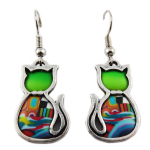Les Tr&eacute;sors De Lily [R1324] - Boucles d'oreilles artisanales 'Colombine & Arlequin' vert multicolore argent&eacute; (chats) - 22x16 mm