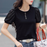 Vasaros kratinys, nėriniai su gėlėmis, pūstomis rankovėmis, medvilniniai mar&scaron;kinėliai, mygtukai O formos i&scaron;kirpte, moteri&scaron;ki eleganti&scaron;ki moteri&scaron;ki ploni madingi vir&scaron;utiniai drabužiai S juoda