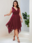 Ever Pretty Moteri&scaron;ka suknelė su dvigubu V kaklu, rumbuotu juosmeniu, iki kelių ilgio plius dydžio kokteilinė vakarėlio suknelė 9XL brown