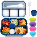 7 vnt Bento dėžutės rinkinys suaugusiems ir vaikams, prie&scaron;piečių dėžutė su 4 skyriais, įrankiai, padažo indelis, bandelė mėlyna