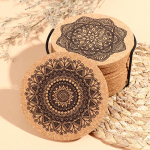 12 vnt Mandala dizaino apvalios formos mediniai padėkliukai su apvaliu kam&scaron;tiniu padėkliuku 10x0.5cm