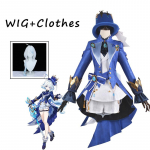 Focalors Cosplay Furina Kostiumas Kasdieniai Juodi Drabužiai Karnavalinė Uniforma Perukas Helovino vakarėlis Vaidmenų žaidimas Maskaradų žaidimas Vandens dievas L-(Suit+Wig+Hat)