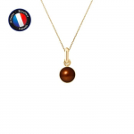 PERLINEA - Pendentif - V&eacute;ritable Perle de Culture d'Eau Douce Bouton 6-7 mm Chocolat - Or Jaune - Cha&icirc;ne Offerte - Bijoux Femme