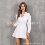 YYFS Moteri&scaron;kos mados pavasario rudens vienspalvės spausdintos paprastos suknelės ilgomis rankovėmis POLO kaklu auk&scaron;tu juosmeniu S balta