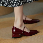 Mary Jane bateliai Bordo spalvos Kvadratiniu priekiu Odiniai Bateliai Moterims Retro Lakiniai Bateliai Chaussure Femme Mažo Kulno Auk&scaron;takulniai 40 bordinė