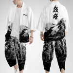 Vyrai Vasaros kinų raidžių spauda Kimono paltas Striukė Vir&scaron;utinės kelnės Kelnės Vir&scaron;utiniai drabužiai Laisvi laisvi balti mados rinkiniai 5XL