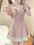 Saldi rožinė languota lanko suknelė princesei, seksuali, raižyta kaklo, nėrinių puo&scaron;ta vakarėlio mini suknelės Moteri&scaron;ka japoni&scaron;ko stiliaus plona lolitos suknelė S rožinė
