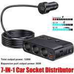 1 vnt. 2023 m. atnaujinimas 7 viename 12V/24V 128W automobilinio lizdo skirstytuvas QC3.0 greitasis įkroviklis su 2 USB prievadais ir 1 tipo c prievadu