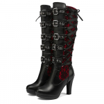 Punk platforminiai batai moterims suvarstomi stambūs auk&scaron;takulniai batai iki vidurio blauzdos siauros juostos lanko mazgas Gothic Gothic Cosplay batai žieminiai 36 raudona