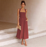 Moteri&scaron;kos pavasarinės suknelės be rankovių, plonos, petne&scaron;omis, ilgos, vasarinės, laisvalaikio, A linijos, vientisos spalvos, be apykaklės, su auk&scaron;tu juosmeniu, S-XL dydžio. L ruda