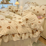 Romanti&scaron;kas nėriniuotas gėlėtas medvilninis patalynės komplektas - I&scaron;skirtinis prancūzi&scaron;kas-koreieti&scaron;kas stilius 1.5m Bed Sheet 4-piece (Fits 150*200cm Quilt)