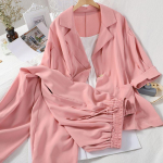 Moteri&scaron;kos mados vasaros laisvo kirpimo kostiumo apykakle, 3/4 rankovių striukė 9/4 plačios kelnės, trijų dalių pakabukų rinkinys S rožinė