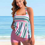 Moteri&scaron;kas maudymosi kostiumėlis su petne&scaron;ėlėmis Mėlynas vertikalių juostų spausdinimas Bikini Tankini maudymosi kostiumėlis S mėlyna