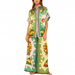 IHUASU Spausdinti atlasiniai trumpomis rankovėmis atsegami mar&scaron;kinėliai + kelnės, laisvalaikio 2 dalių rinkinys S