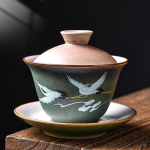 Retro Huancai Kiln Changing Crane Covered Bowl Creative Ceramic Household Tea Bowl Kung Fu Tea Set Bubble Tea Bowl Tea Set Style B(180ml)