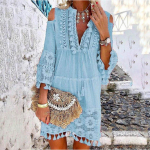 Moteri&scaron;ka madinga Boho suknelė trijų ketvirčių rankovių, nėriniuotų kutų mini suknelė V formos i&scaron;kirpte XXXXXL