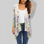 Moteri&scaron;kas gradiento ra&scaron;tas, netaisyklingas trijų ketvirčių rankovių megztinis su ki&scaron;enine striuke L smėlis