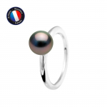 PERLINEA - Bague Jonc Simple - V&eacute;ritable Perle de Culture de Tahiti - Ronde Diam&egrave;tre 8-9 mm - Argent 925 Milli&egrave;mes - Bijou Femme