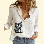 Moteri&scaron;ki madingi medvilniniai lininiai mar&scaron;kiniai Laisvalaikio stiliaus plonos ilgos rankovės vir&scaron;utinės moteri&scaron;kos katės palaidinės su sagomis S balta