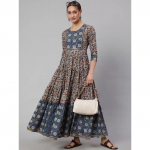 Indi&scaron;kas moteri&scaron;kas daugiaspalvis medvilninis Anarkali platėjantis ilgas Kurta Kurti suknelės vir&scaron;us tunika VF-1856 2XL-44 gray