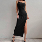 Seksuali juoda ilga Bodycon Suknelė Moteri&scaron;ka Vasarinė Suknelė Be rankovių Be juodo kaklo Su spagečių dirželiais Suknelės su auk&scaron;tu skilimu S