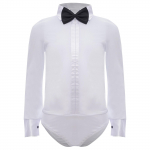 Berniukų lotynų &scaron;okių leotardas atlenkiamu kaklu, ilgomis rankovėmis, apranga su peteli&scaron;ke tango ir salsos varžyboms 11-12 Years balta