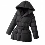 Žieminės moteri&scaron;kos pūkų striukės su gobtuvu, &scaron;iltas kasdienis rai&scaron;teliais sujuosiamas paltas, pūkinė striukė su diržu, eleganti&scaron;ka parka, paltas S juoda