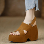 Madingos 2025 m. vasaros platforminės basutės moterims su storais auk&scaron;takulniais, dirželiu aplink kulk&scaron;nį ir kryžminėmis sagtimis, atviru pir&scaron;tu, madingi eleganti&scaron;ki batai 35 ruda