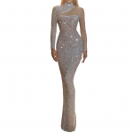 Moteri&scaron;ka seksuali su blizgučiais suknelė, blizgi, auk&scaron;tu kaklu, ilga iki grindų, proginė suknelė, prigludusi, ilgomis rankovėmis, su i&scaron;kirpimais, vakarinė suknelė 2XL