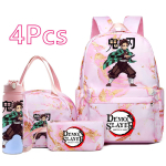 4 vnt./rinkinys Anime Demon Slayer spausdintas kuprinė, rankinė, pie&scaron;tukinė, 750 ml vandens buteliukas paaugliui berniukui, mergaitei, mokyklinė kuprinė, didelės talpos, atspari vandeniui, knygų krep&scaron;ys pink