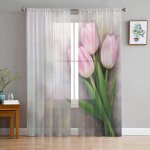 Tulpių gėlių užuolaidos Tiulis Dekoratyvinės permatomos užuolaidos svetainei miegamojo virtuvei Vie&scaron;bučio namų langų plok&scaron;tės 135W x 114H(cm)