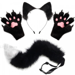 4 vnt./rinkinys pliu&scaron;inės lapės ausys ir uodega, purios katės letenos pir&scaron;tinės su nagais, gyvūno ausys, Helovino kostiumo aksesuarai, pliu&scaron;iniai Kitsune Cosplay rinkiniai as show black