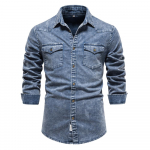 Medvilniniai vyri&scaron;ki džinsiniai mar&scaron;kiniai su dviem ki&scaron;enėmis, vienspalviai, laisvalaikio, vyri&scaron;ki kauboji&scaron;ki mar&scaron;kiniai, rudeniui, slim fit, ploni mar&scaron;kiniai vyrams, nauji USA S 50-60 kg mėlyna