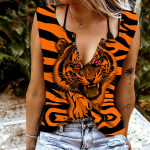 Moteri&scaron;ki batai Sexy V kaklo berankoviai vasariniai vir&scaron;utiniai drabužiai, liemenė, 3D nuožmi tigro spauda. XL oranžinė