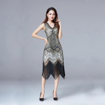 Vintažinė plek&scaron;nė Puiki Gatsby vakarėlio suknelė V formos i&scaron;kirpte be rankovių blizgučiais su karoliukais stiliaus Stilius kutais užsegamas Vestidos 4XL chaki