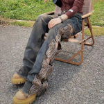 Harajuku džinsai Moteri&scaron;kos Y2k vintažinės kelnės siuvinėtos auk&scaron;tu juosmeniu džinsinės kelnės suply&scaron;ęs dizainas tiesios tempimo kelnės drugelio tu&scaron;čiavidurės plačios kelnės