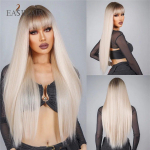 ALAN EATON Long Straight Brown Ombre Blonde Gray Synthetic Hair wigs with Bangs Long women Darty Wigs Daily Cosplay Wig Heat Resistant Fiber Wigs