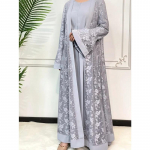 Ramadan Eid Maldos nėriniai Abaya 2 dalių komplektas Vidinė suknelė, moteri&scaron;ka, ilgomis rankovėmis Abayas Kaftan Djellaba Dubai Party Vestidos 2024 m. XXL &scaron;viesiai pilka spalva