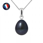 PERLINEA - Pendentif - V&eacute;ritable Perle de Culture d'Eau Douce Poire 9-10 mm Noire - Or Blanc - Cha&icirc;ne Offerte - Bijoux Femme