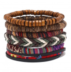 Bohemi&scaron;kos rankų darbo apyrankės su karoliukais Vyri&scaron;ki vintažiniai kelių sluoksnių elastiniai siūlai mediniai karoliukai kokoso kevalų kraunamos rankų priedai Men's bracelet.