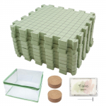 9 vnt. 32x32 cm putplasčio mezgimo blokavimo kilimėlių rinkinys su 100 vnt. 38 mm T formos kai&scaron;čių ir mediniu adatos laikikliu seneliuko kvadratų mezgimui žalia